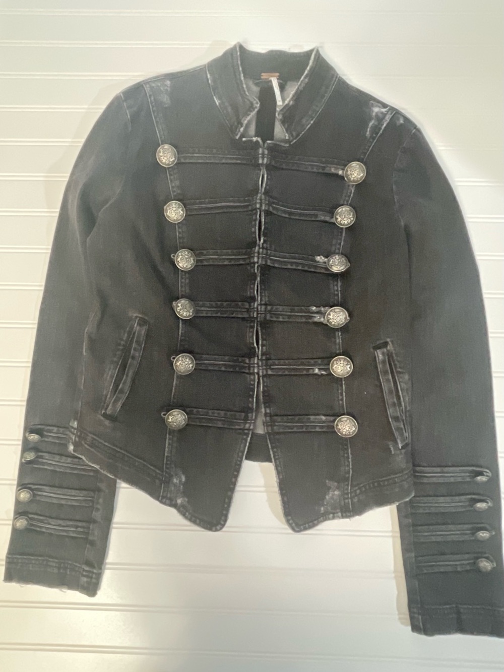 Free People Fitted Military Denim Jacket Faded Black Distressed Medium M